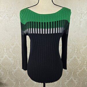 Lauren Ralph Lauren Sz Large Green Black Ribbed Pullover Sweater Silk Blend NWT